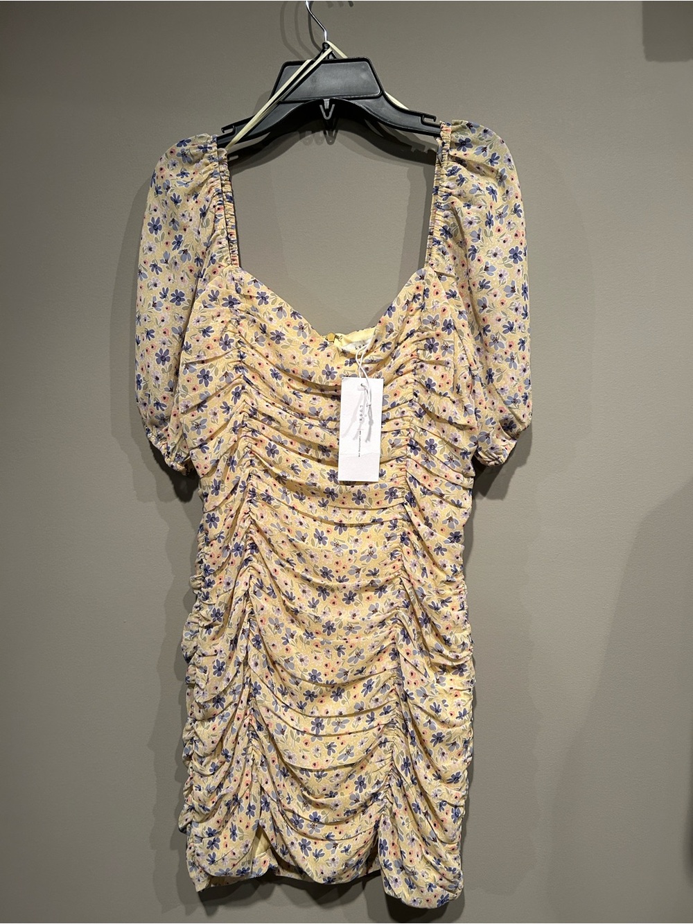Lush Yellow Floral Ruched Puff Sleeve Mini Dress